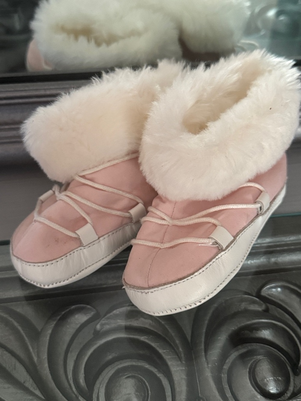 Janie and Jack 4 Baby Pink Faux-Fur Trim Cozy Slippers